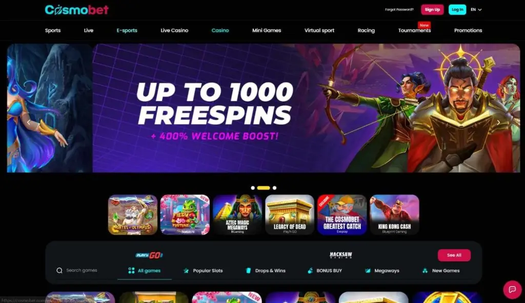 Cosmobet casino homepage screenshot