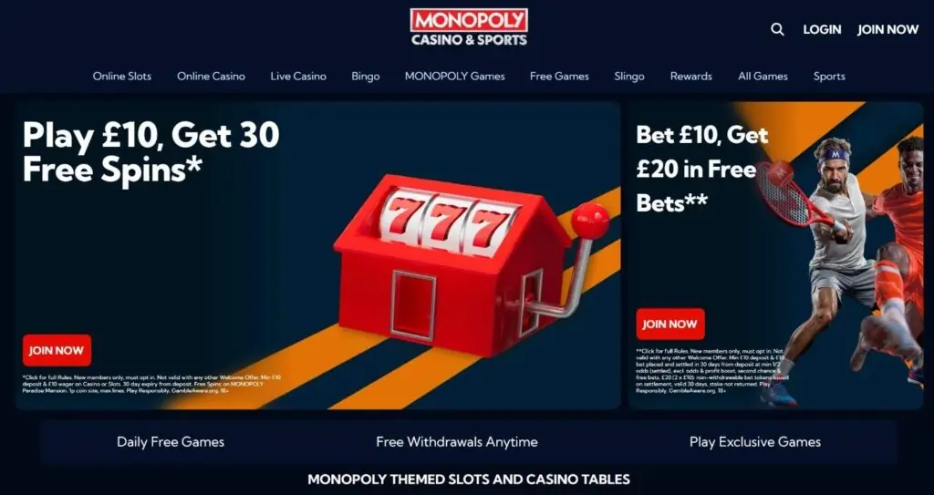 MONOPOLY Casino casino homepage screenshot