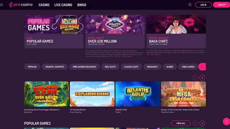 Pink Casino homepage screenshot