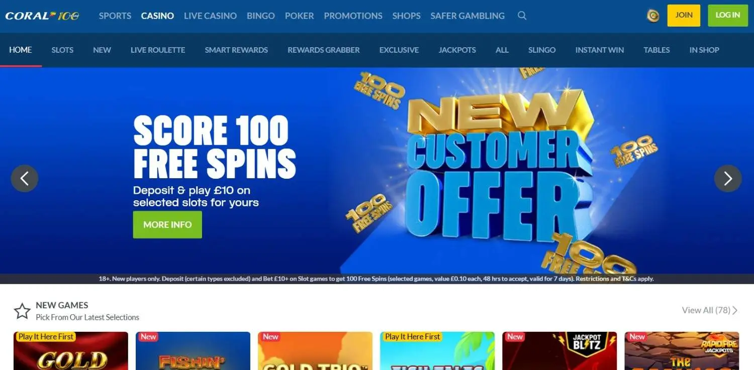 Coral casino homepage screenshot