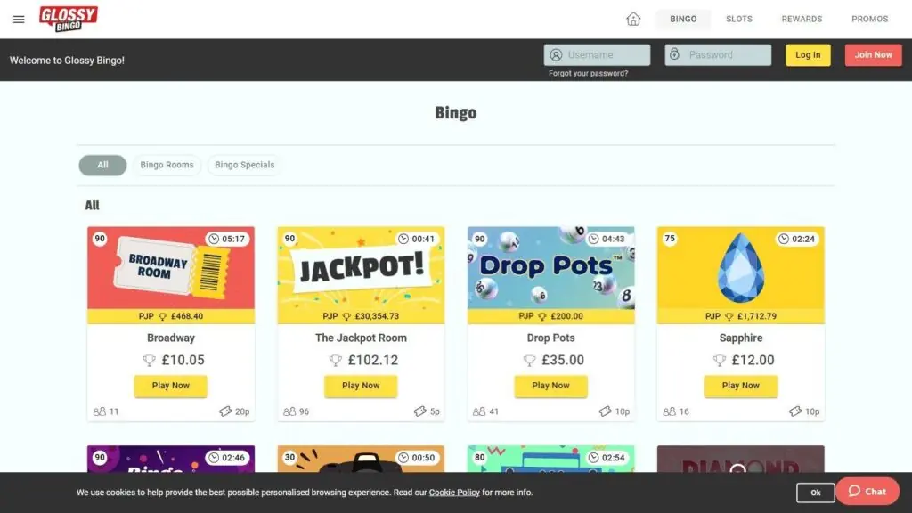 Glossy Bingo casino homepage screenshot