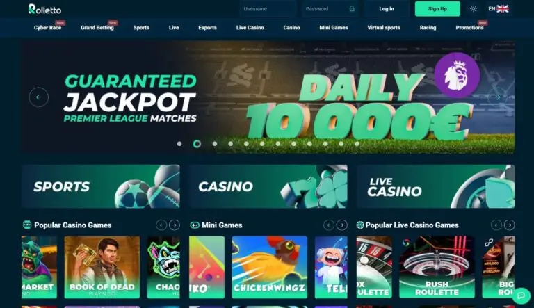 Rolletto casino homepage screenshot