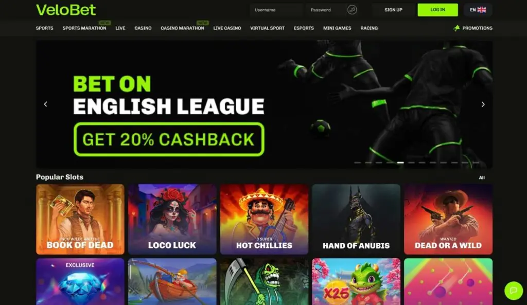 Velobet casino homepage screenshot
