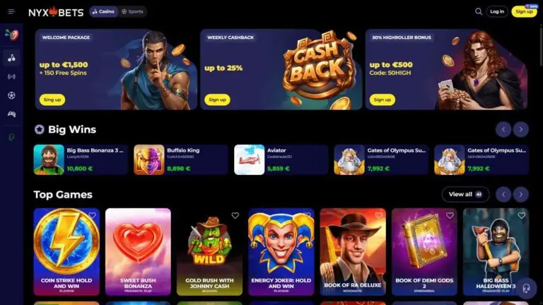 NyxBets casino homepage screenshot