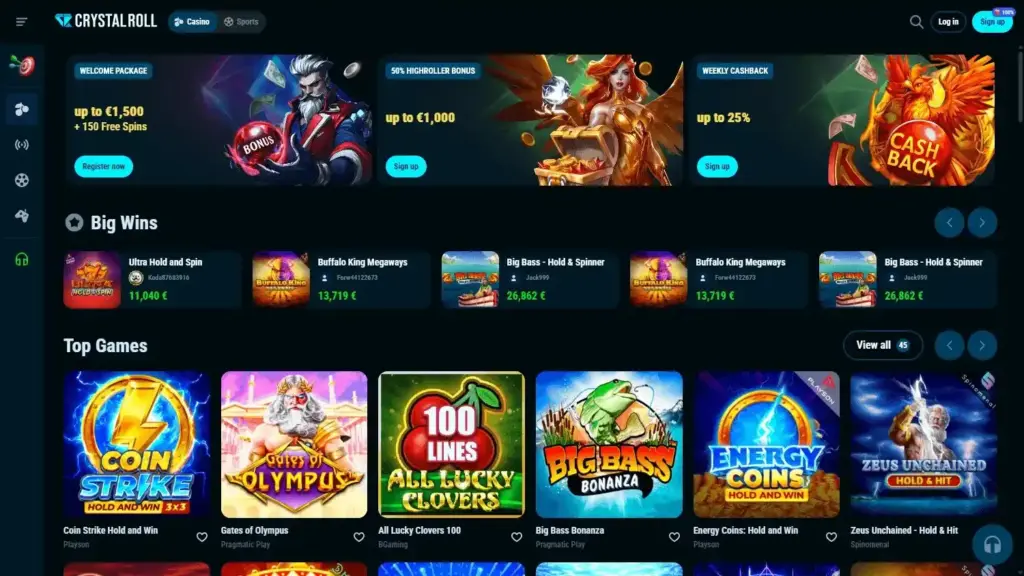 Crystal Roll casino homepage screenshot