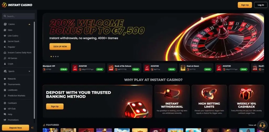 Instant Casino casino homepage screenshot