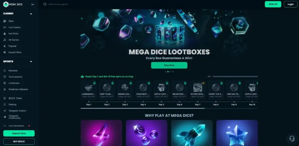 Mega Dice casino homepage screenshot