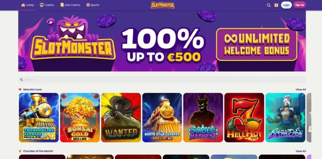 SlotMonster casino homepage screenshot