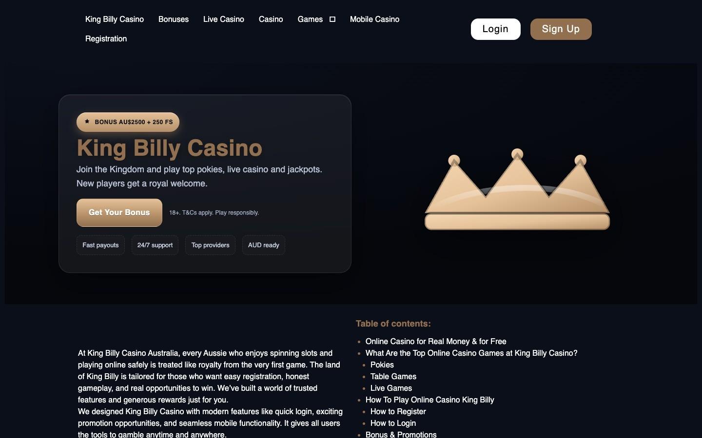 King Billy Casino homepage