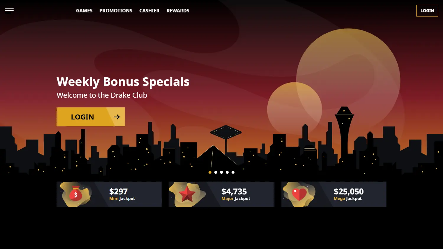 Drake Casino homepage with weekly bonus panel and jackpot totals