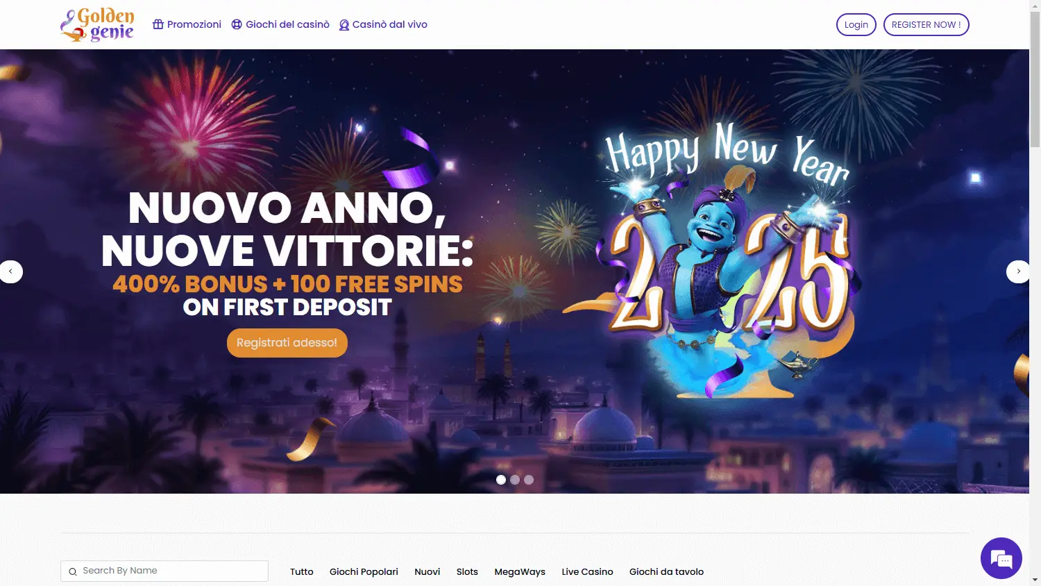 Golden Genie Casino homepage showing the January 2025 welcome banner