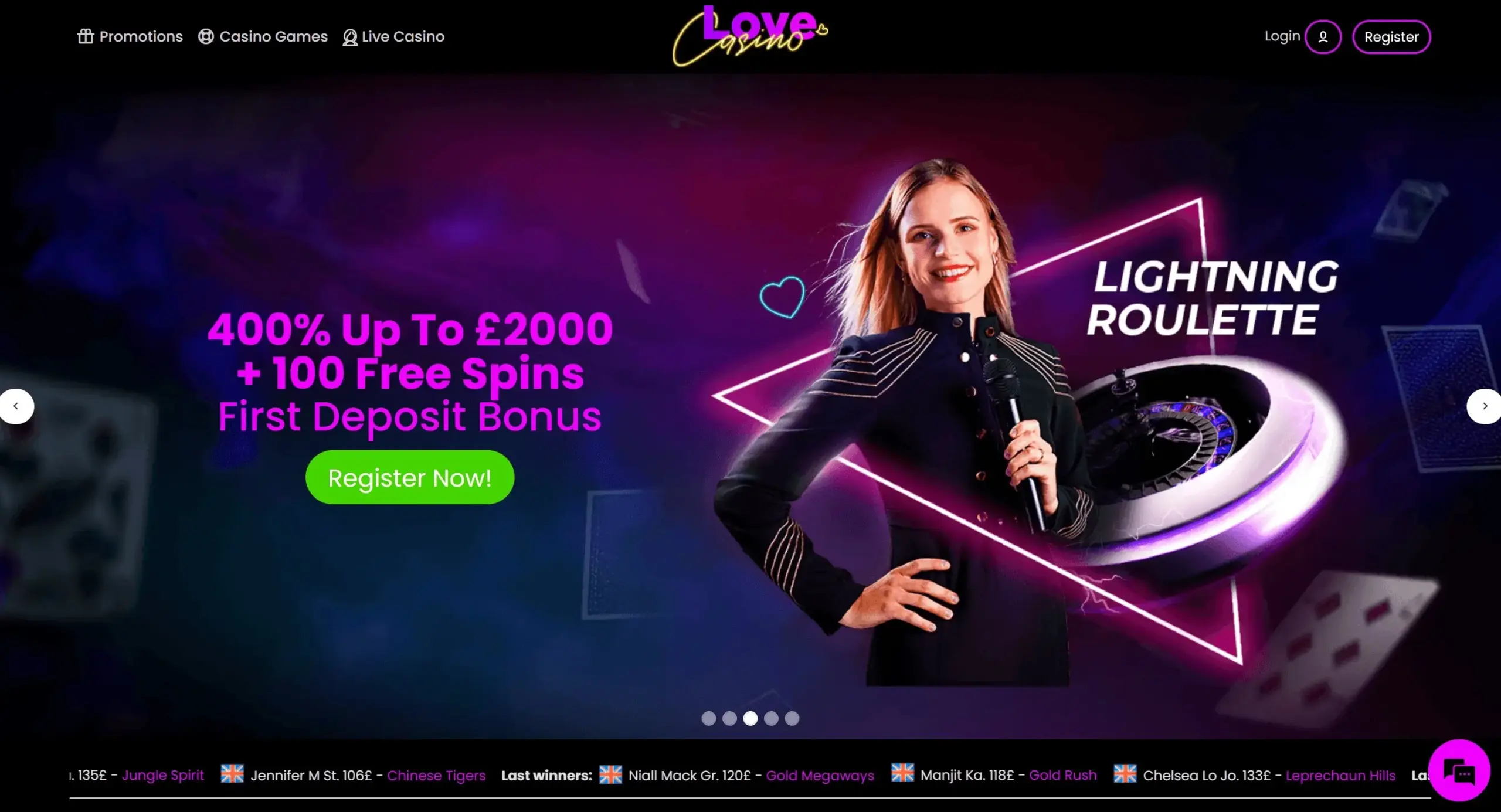 Love Casino desktop homepage with purple first-deposit promotion