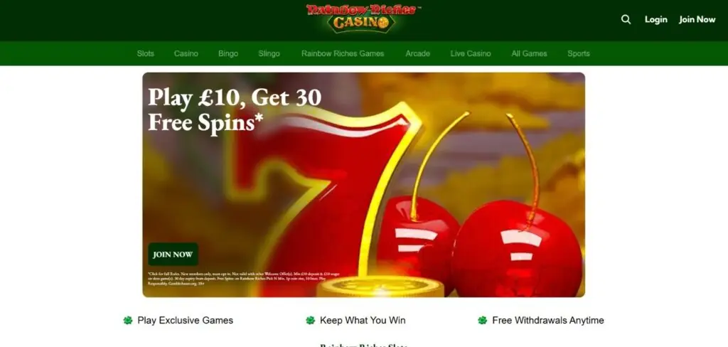 Rainbow Riches Casino casino homepage screenshot