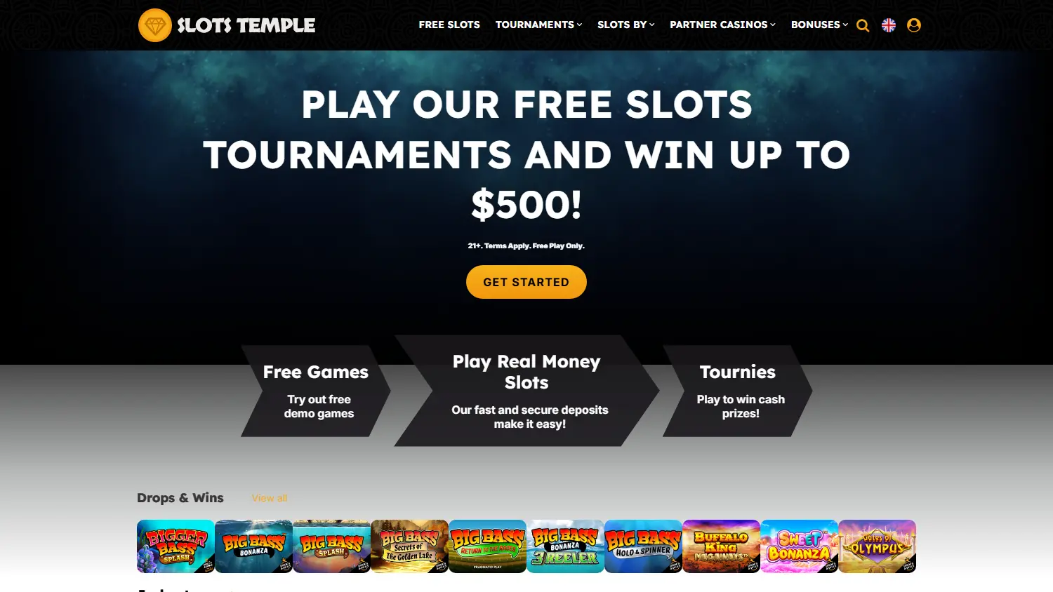 Slots Temple homepage with tournament banner and casino game tiles