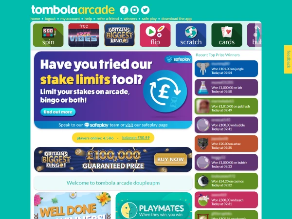 Tombola Arcade homepage screenshot