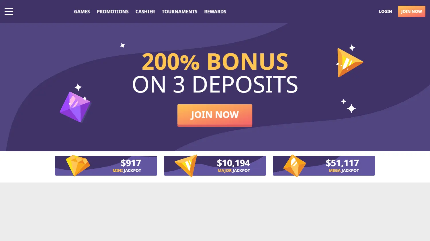 VIP Slots homepage with purple bonus banner and jackpot panels