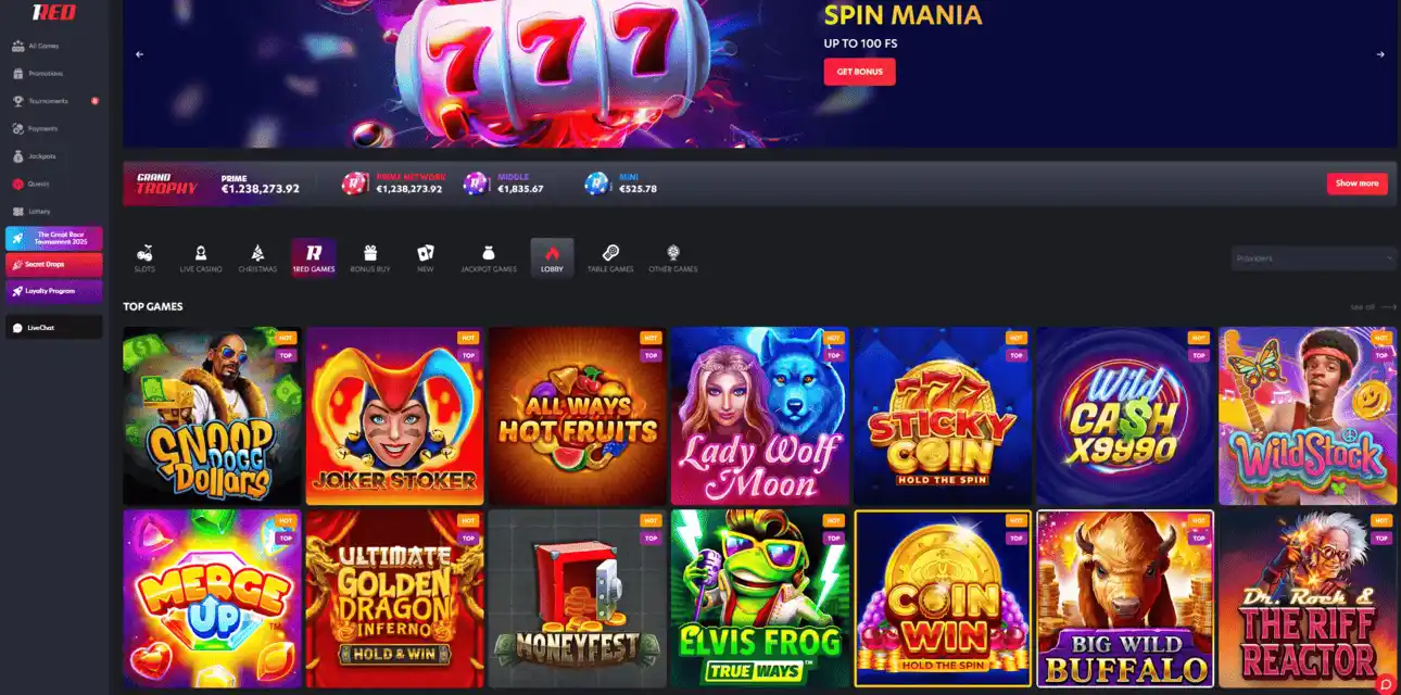 1Red Casino Homepage