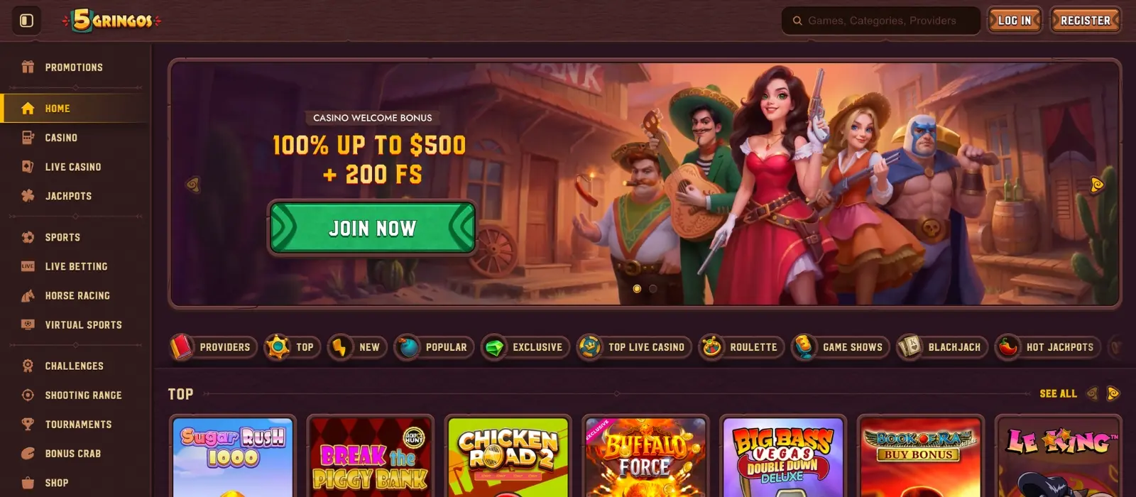 5Gringos Casino homepage