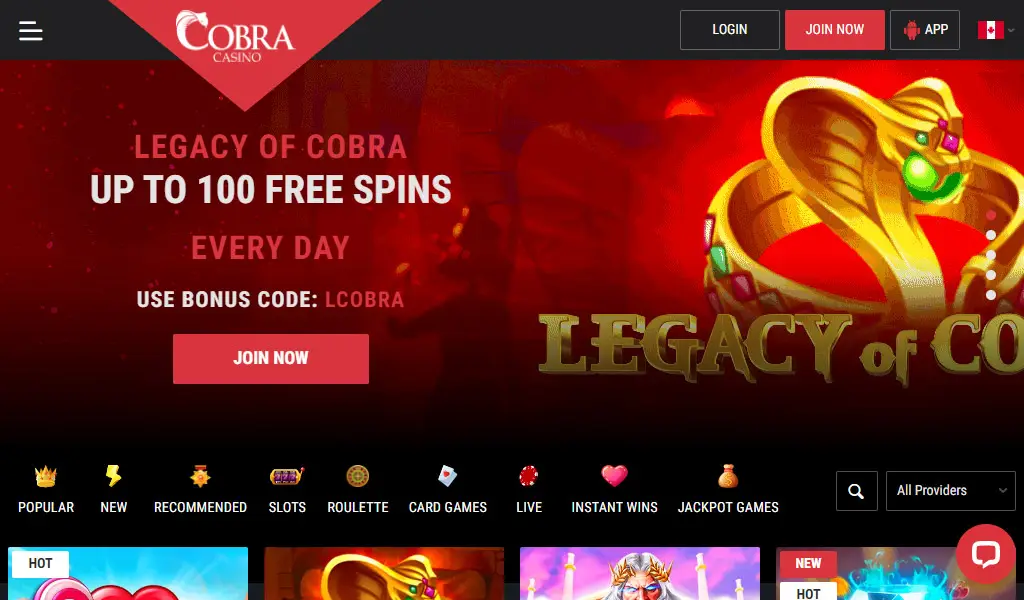 Cobra Casino Homepage