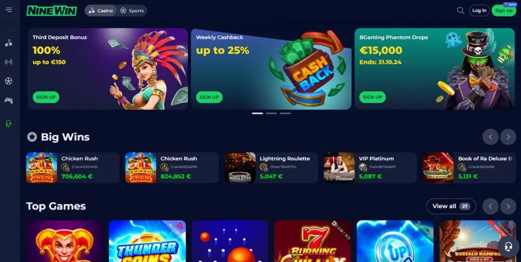 NineWin Casino Homepage