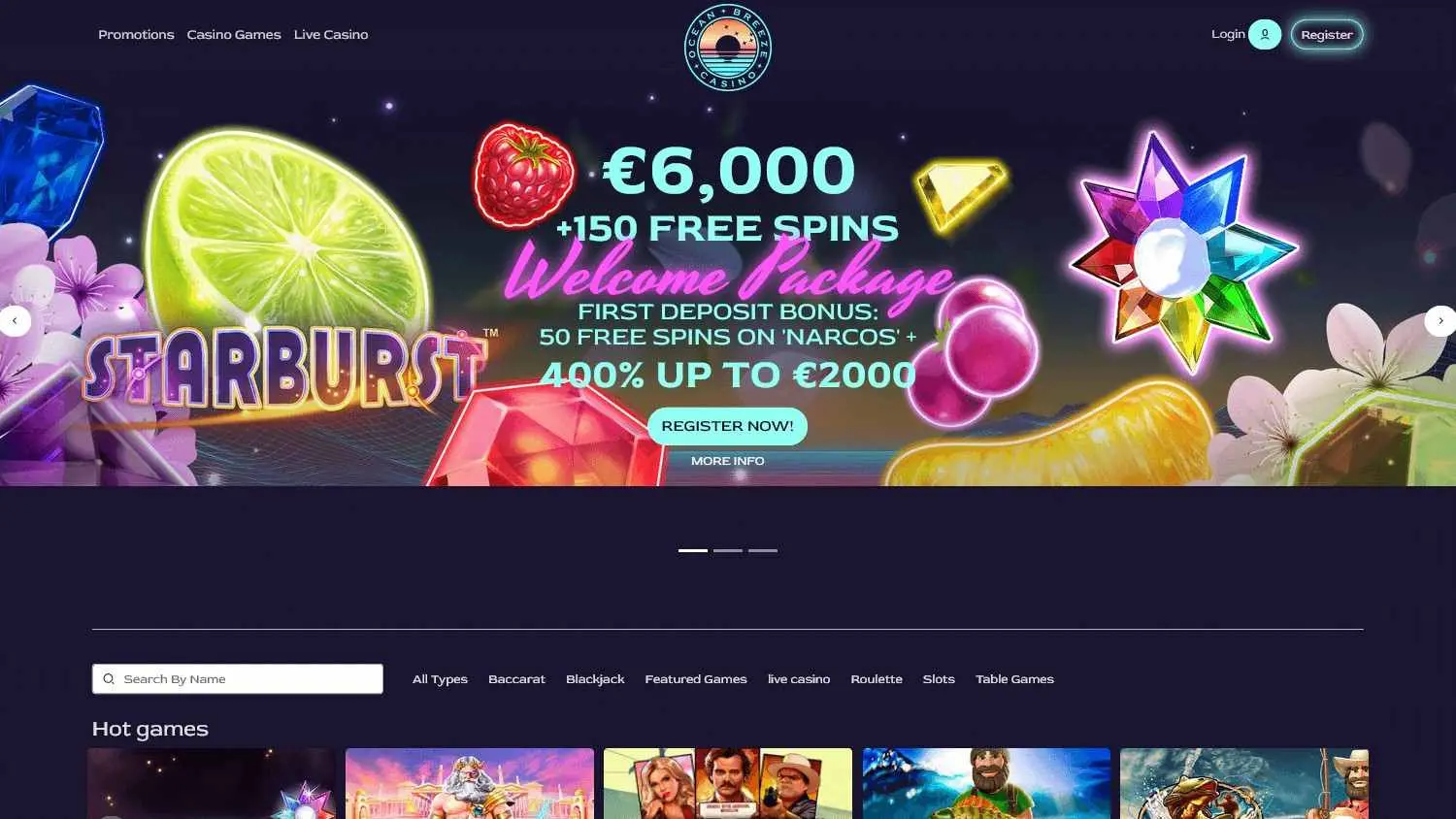 Ocean Breeze Casino Homepage