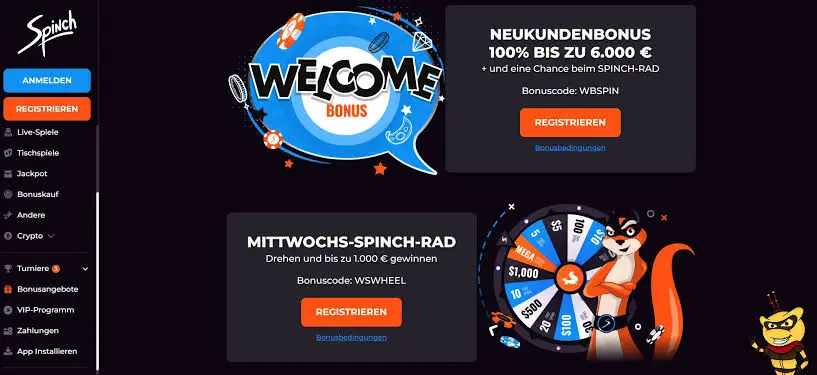 Spinch Casino Homepage
