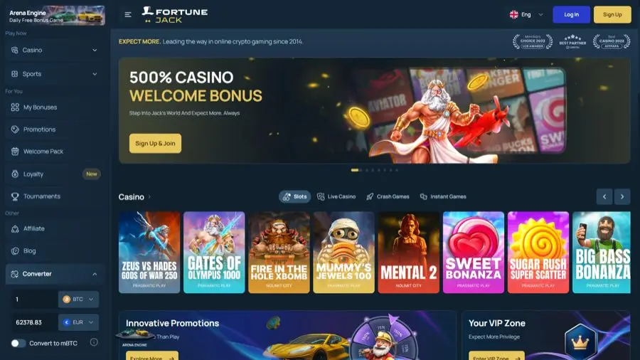 FortuneJack casino homepage screenshot