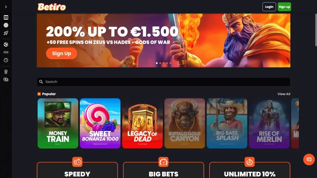Betiro casino homepage screenshot