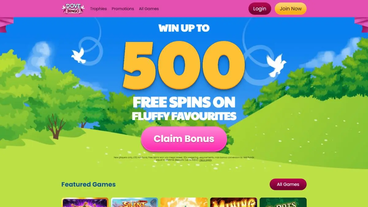 Dove Bingo casino homepage screenshot
